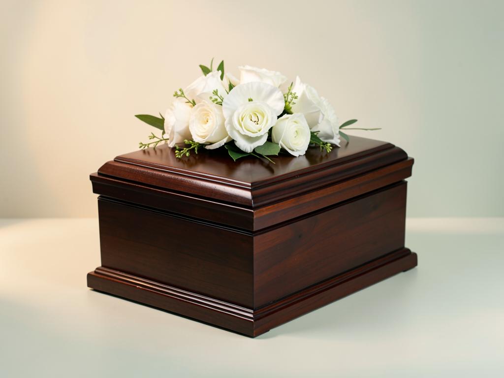 Polished wooden casket with white flower arrangement
