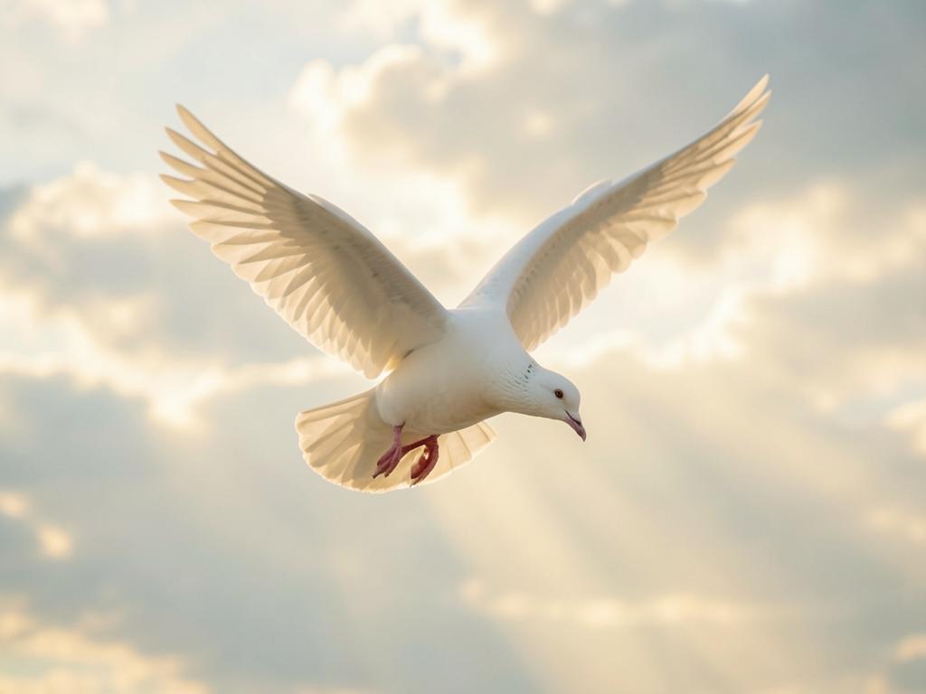 White dove in flight against a bright sky