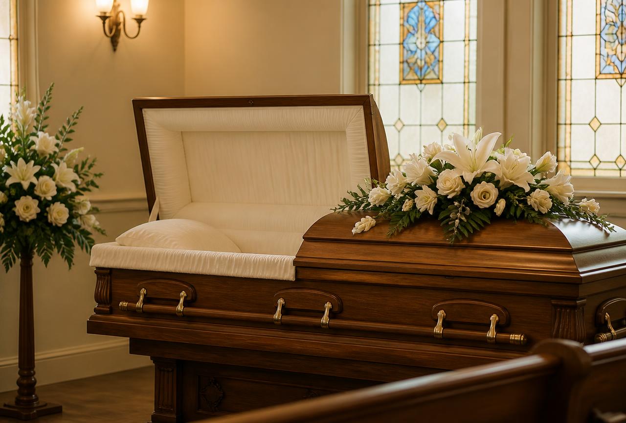 A dignified wooden casket arranged with white lilies in a peaceful chapel setting
