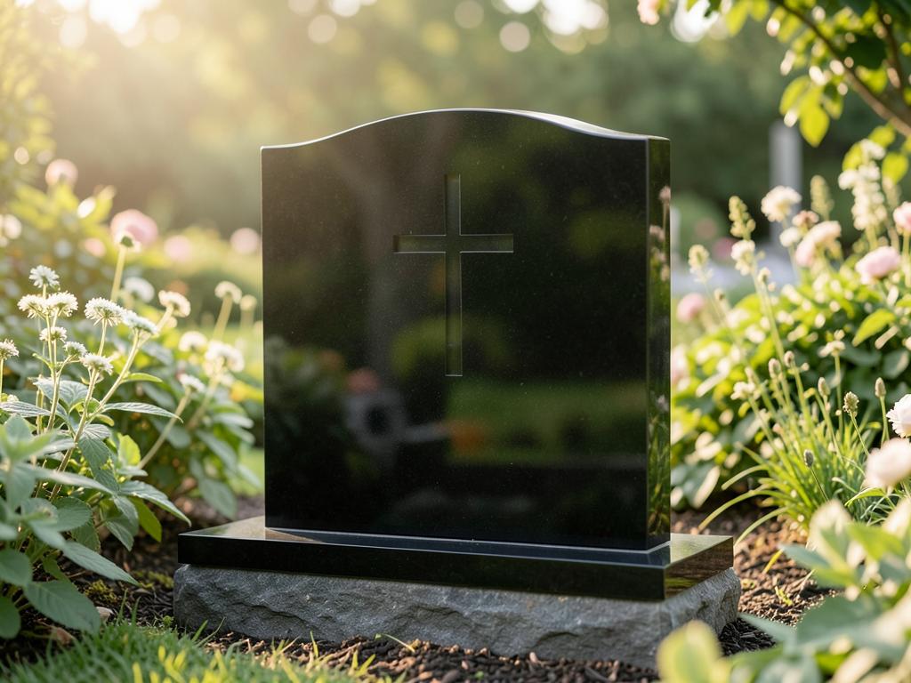 Polished black granite tombstone in a memorial garden